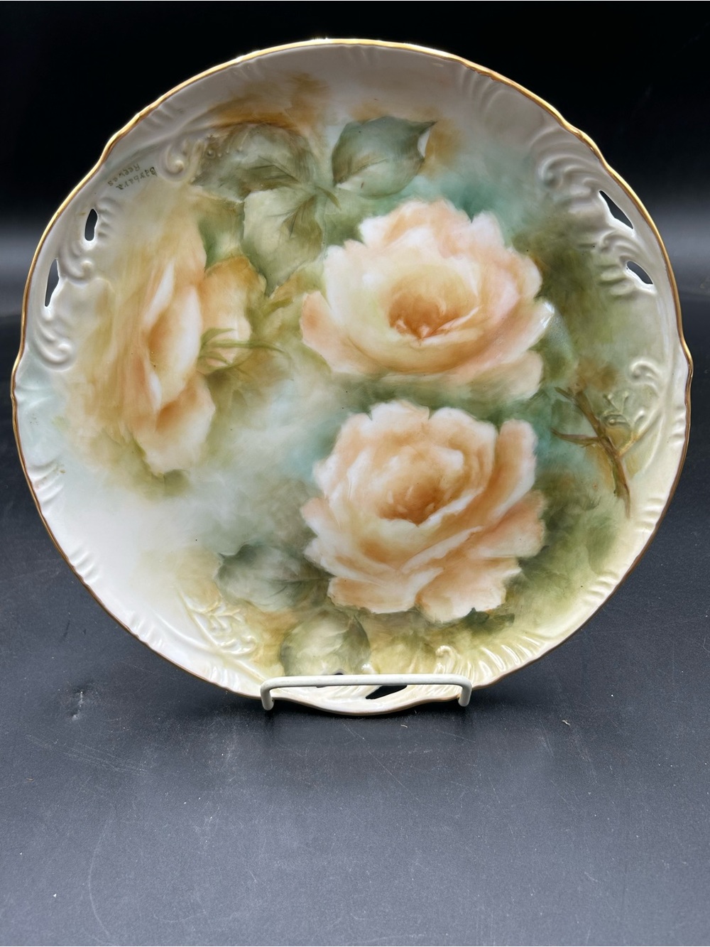 Hand-Painted Floral Decorative Plate with yellow Roses and Gold Trim